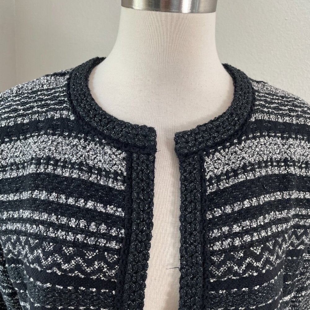 Talbots Womens Medium Black Gray Metallic Open Knit Jacket Tweed Coat Pockets - Picture 2 of 13